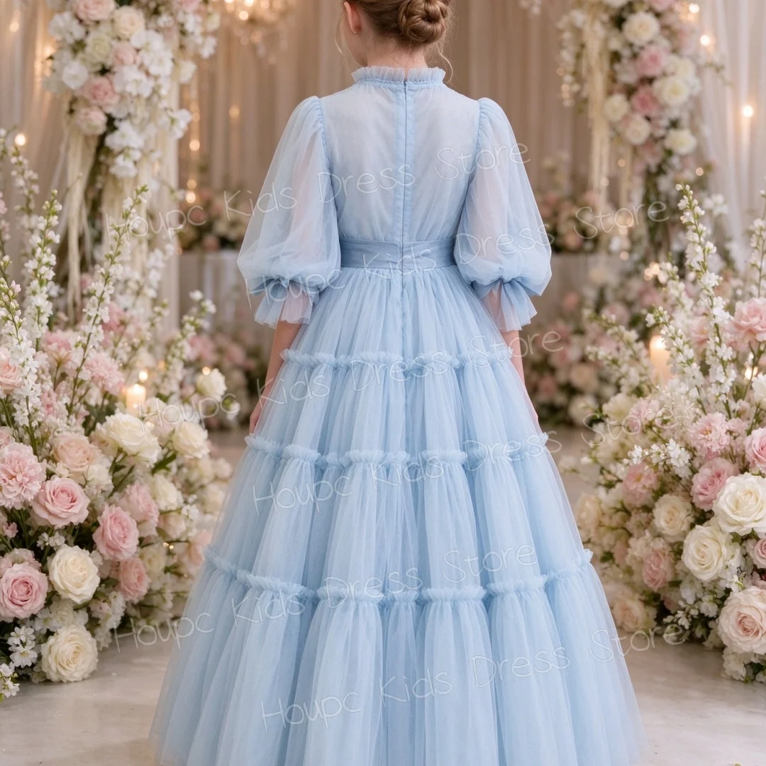 Girl's Light Blue Sheer Flower Girl Dress with Stand Collar, Puff Sleeves, Bow Waist, Multi-Layer Long Skirt, Children's Formal