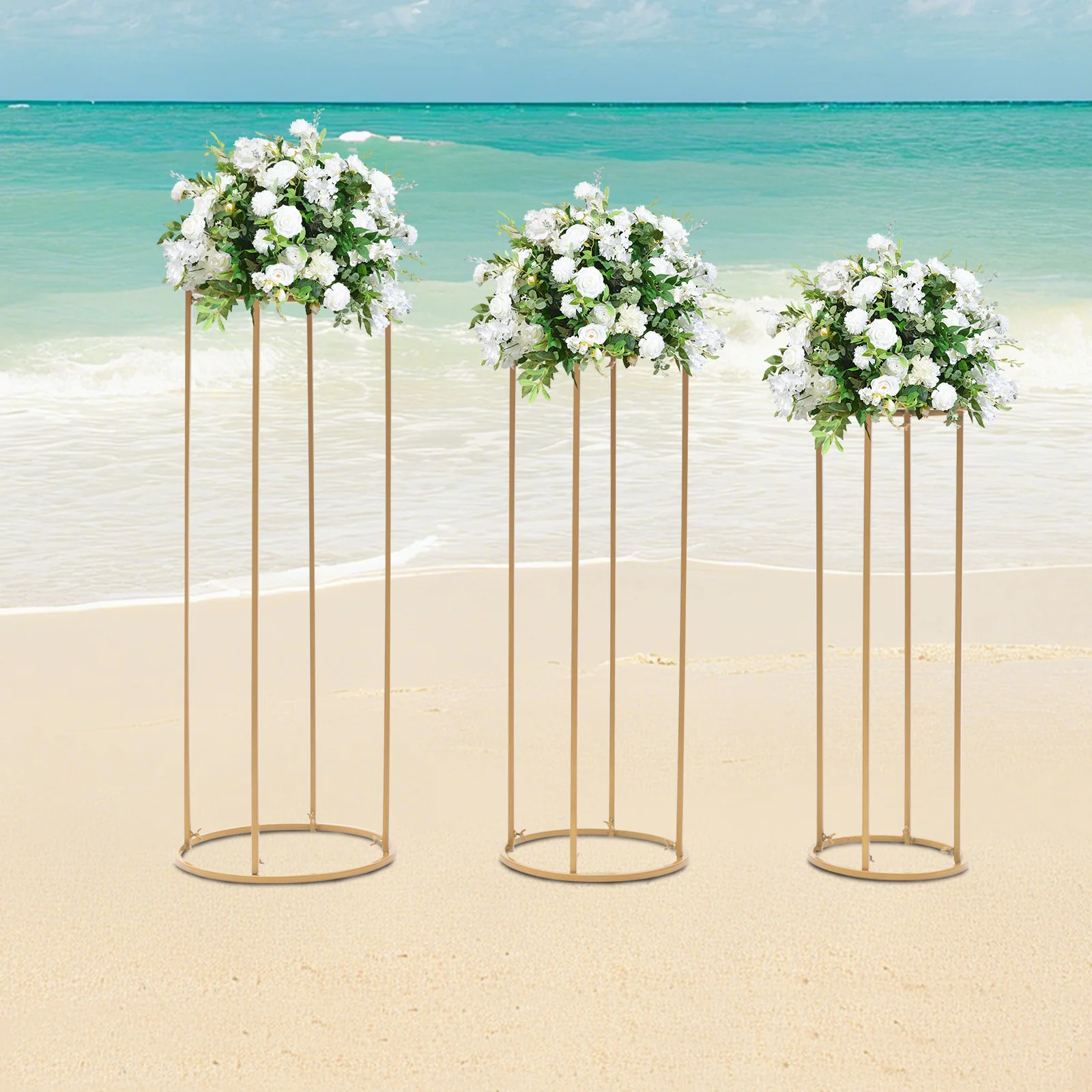 

3-Piece Gold Cylindrical Wedding Flower Racks, Steel Pipes & High-Temp Paint, 6.61-17.64lbs Load—Ideal for Weddings/Parties