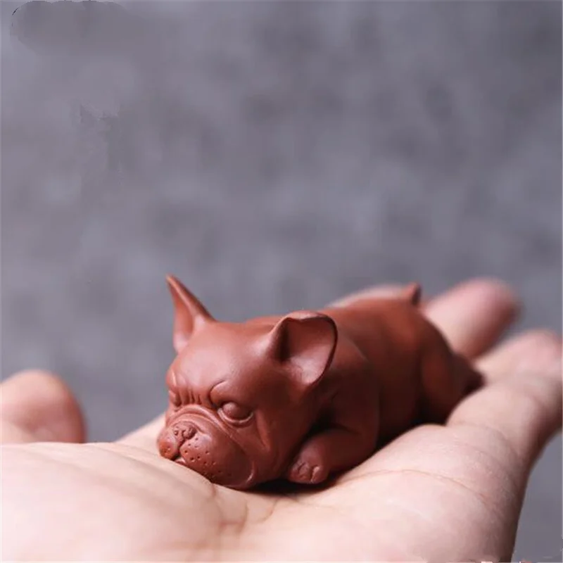 Handmade Yixing Purple Clay Lying Bulldog Tea Pet Cute Sleepy Dog Animal Sculpture Figurine Teapot Tray Home Decor Craft