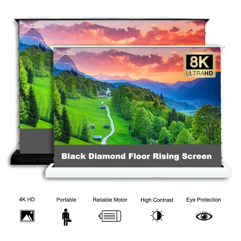 120 Inch Electric Floor Rising Rollable Projection Screen Motorized Pull Up ALR Black Diamond 4K 8K 3D Ambient Light Rejecting