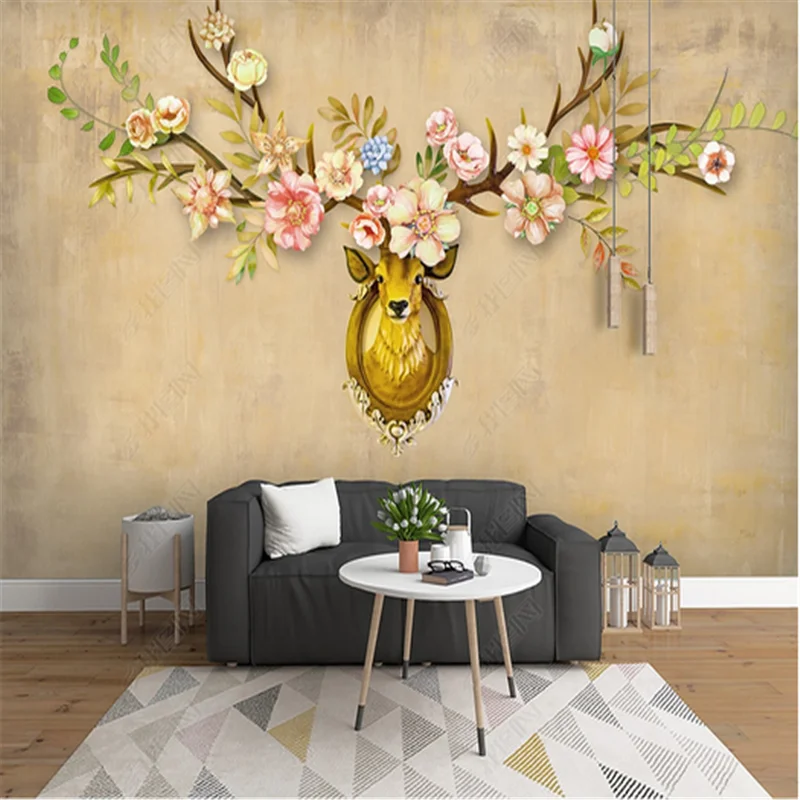 

Modern North European flower Bedroom Wallpapers deer head flower TV Background Wall Papers Murals For Living Room Home Decor 3d