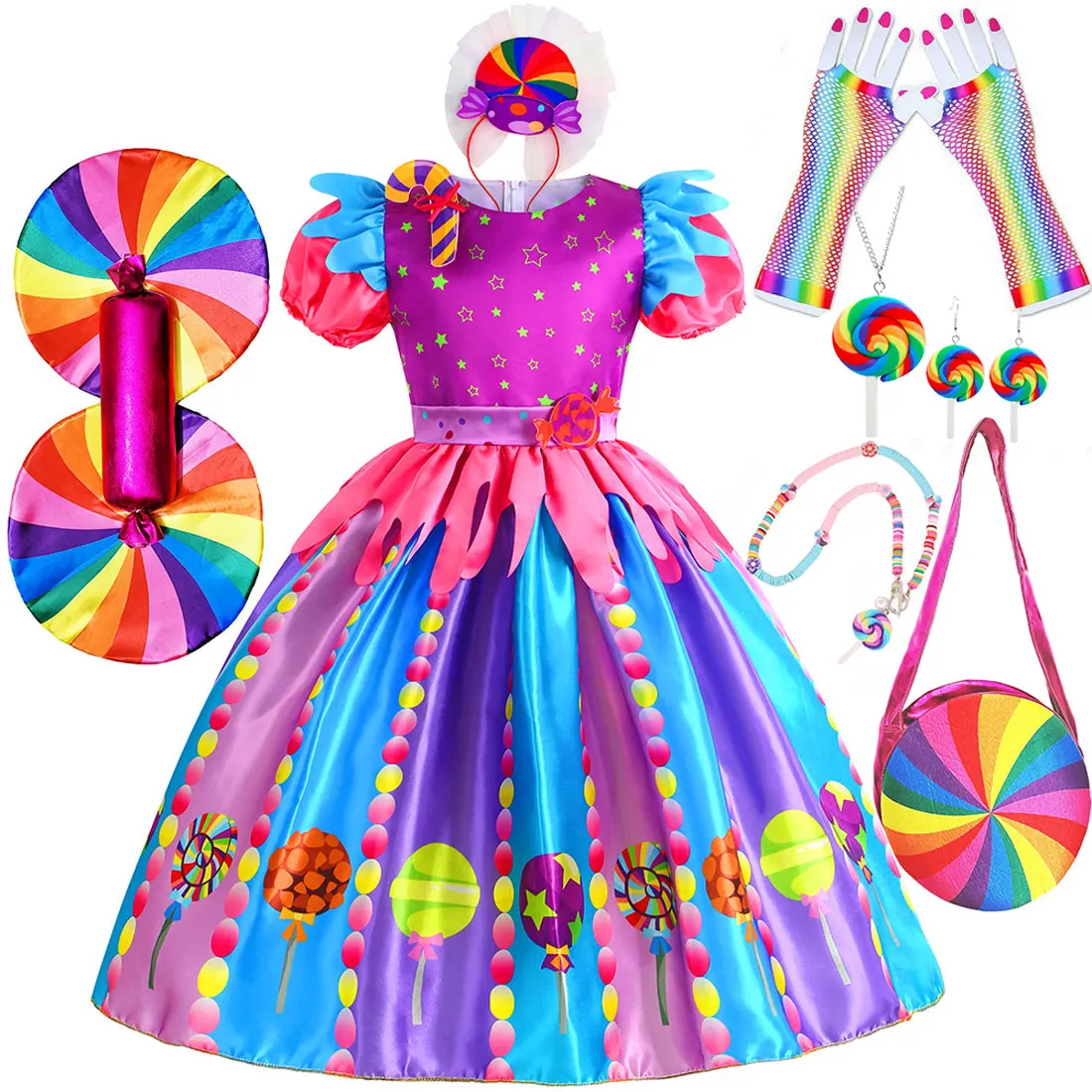 2025 New Sweet Candy Lollipop Girls Dress Purim Carnival Party Girls Birthday Costume Fancy Rainbow Short Sleeve Cute Dress