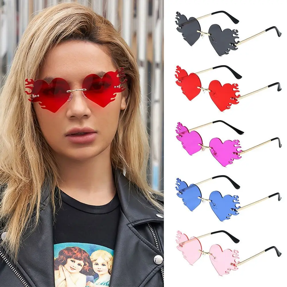 نظارات شمسية بدون إطار على شكل قلب نار ، نظارات شمس لهب ، نظارات للحفلات ، حماية UV400 ، إكسسوارات أزياء