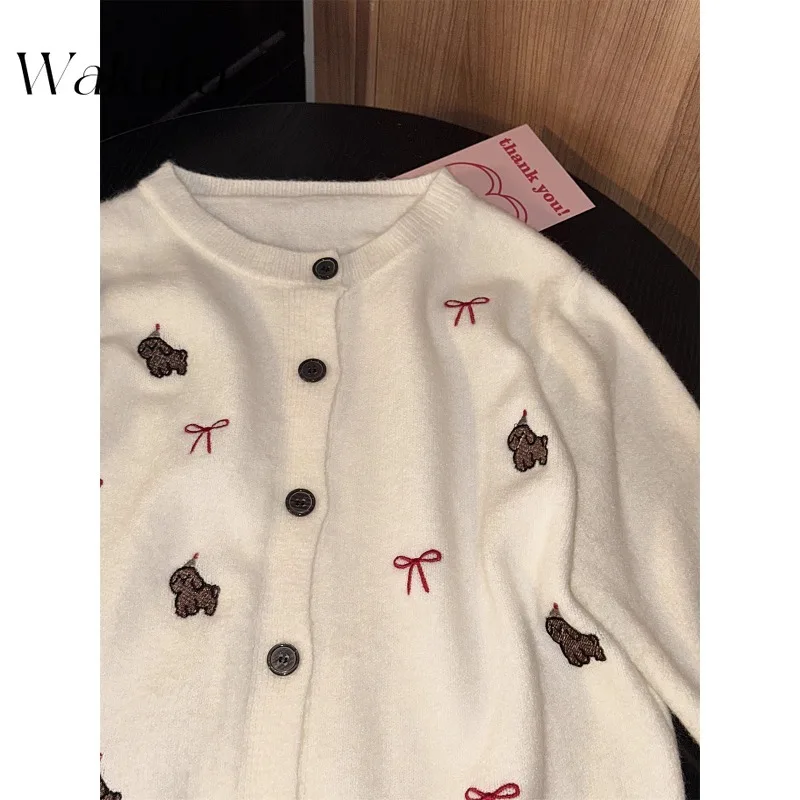 WAKUTA Japanese Classic Round Neck Long Sleeved Knitted Cardigan Autumn Bow Embroidered Sweet Sweaters Casual Commuting Jumpers