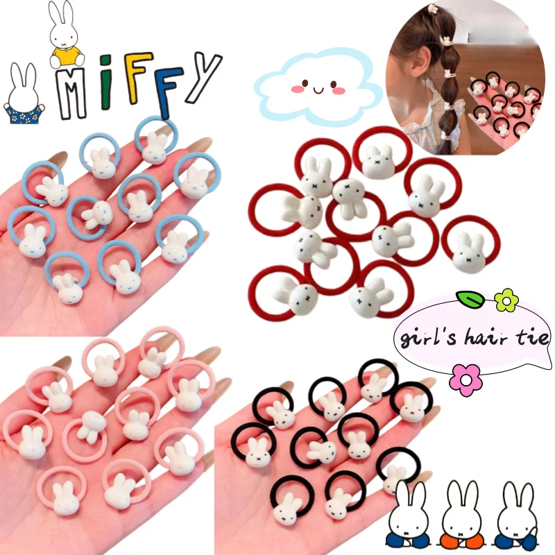 

New 10pcs Miffy cartoon cute girl thumb hair bands, kawaii girlish hair ties that do not damage hair, elastic hair accessories