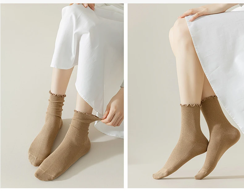 6 Paar Rüschensocken für Damen, Baumwolle, einfarbig, mittellange Socken, niedliche, kawaii, koreanische, atmungsaktive, schwarz-weiße kurze Strümpfe – Detail 13