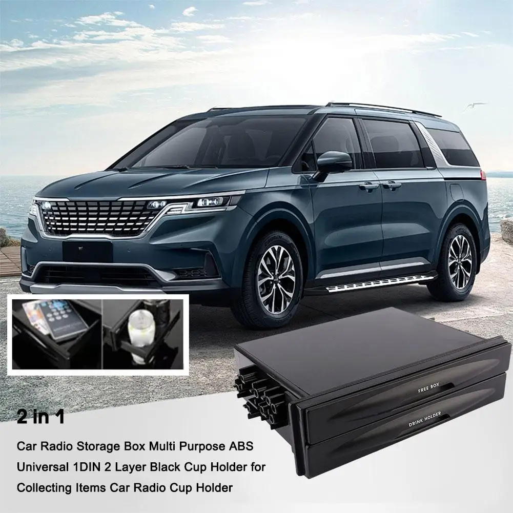 2in1 Car Radio Storage Box Multi Purpose ABS Universal 1DIN 2 Layer Black Cup Holder for Collecting Item Single Din Radio Pocket