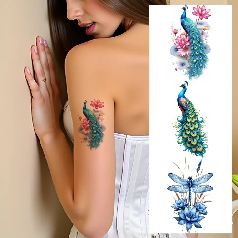 

28pcs Temporary Tattoo Waterproof Long-lasting Body Stickers Dragonfly Cat Flowers For Male Shoulders Arms