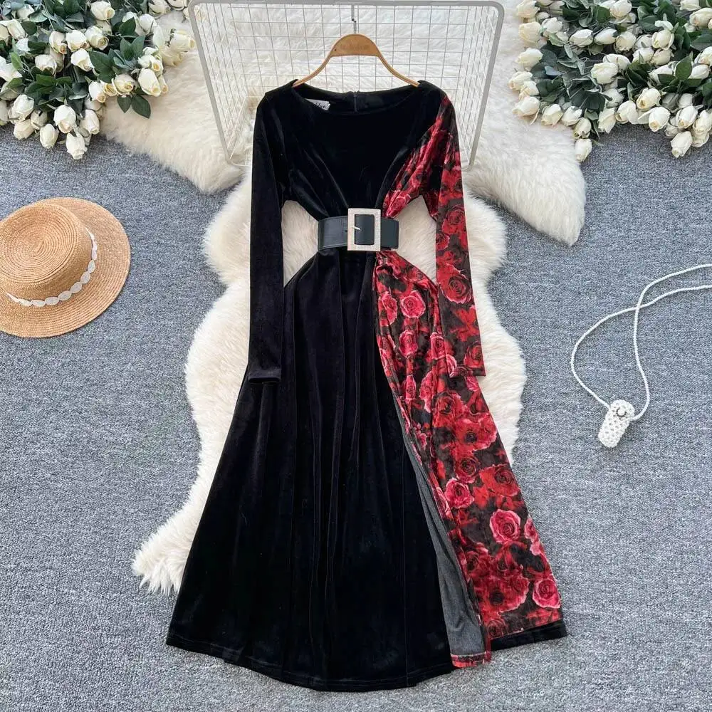 Sexy long sleeve print Spliced velour split Dress vintage Elegant Women Party basics korean fashion dresses