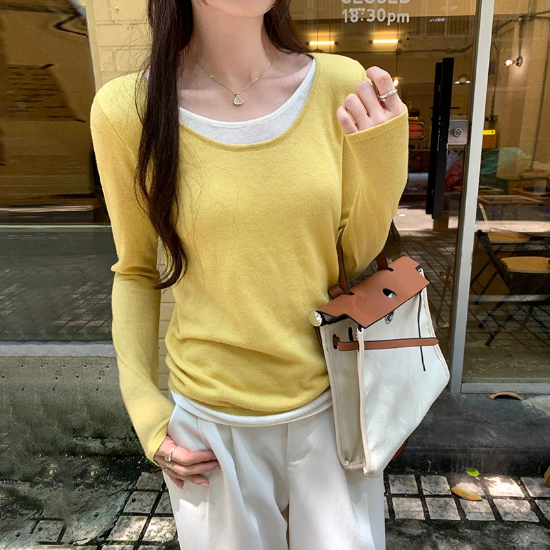 Camisetas de manga larga de retales para mujer, Camiseta de punto ajustada con cuello redondo, estilo coreano, Tops casuales para mujer, moda de otoño e invierno, nuevo