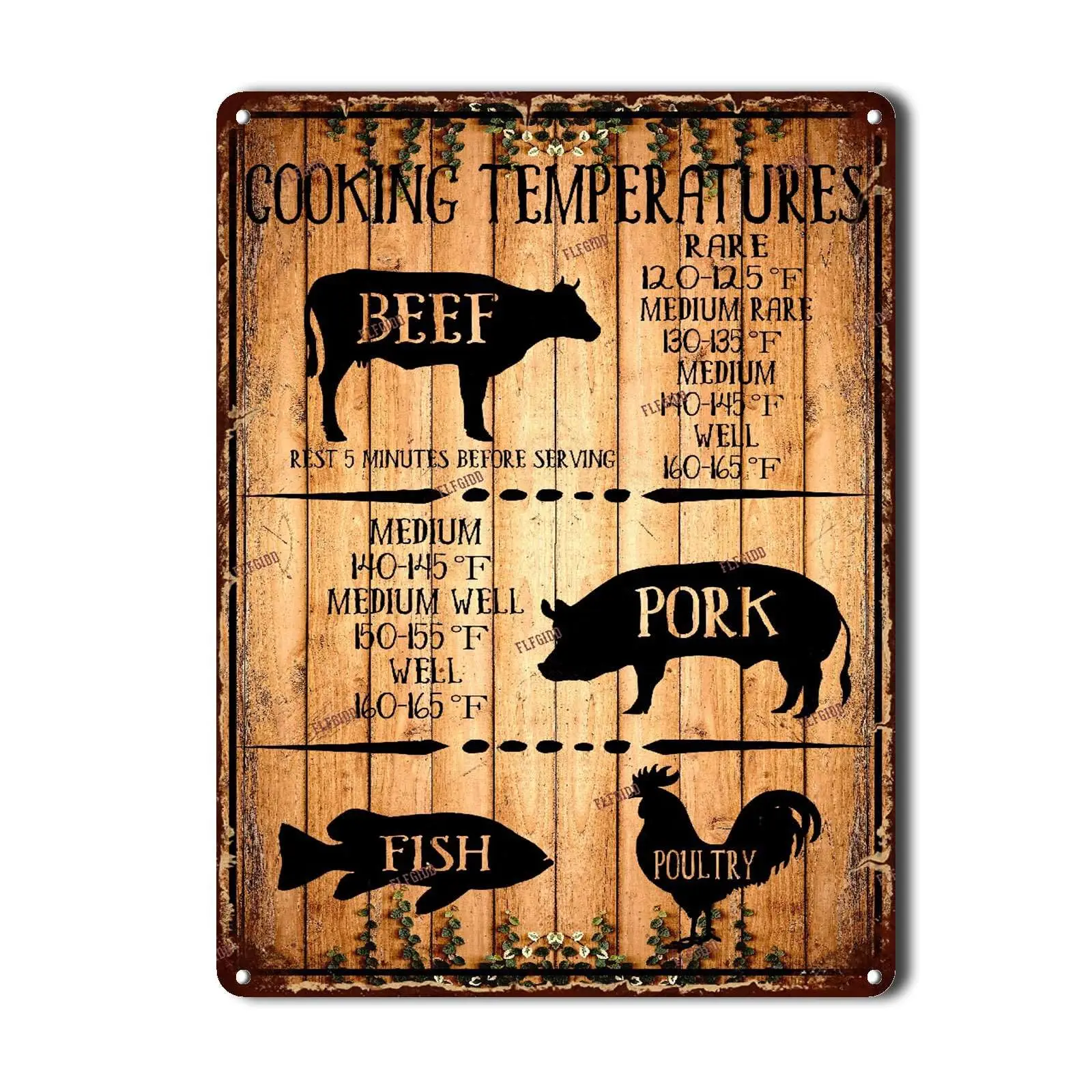 Wall Art Decoration Meat Internal Cooking Temperatures Tin Sign Wood Background Home Bar Pub Decorative 12x16inch