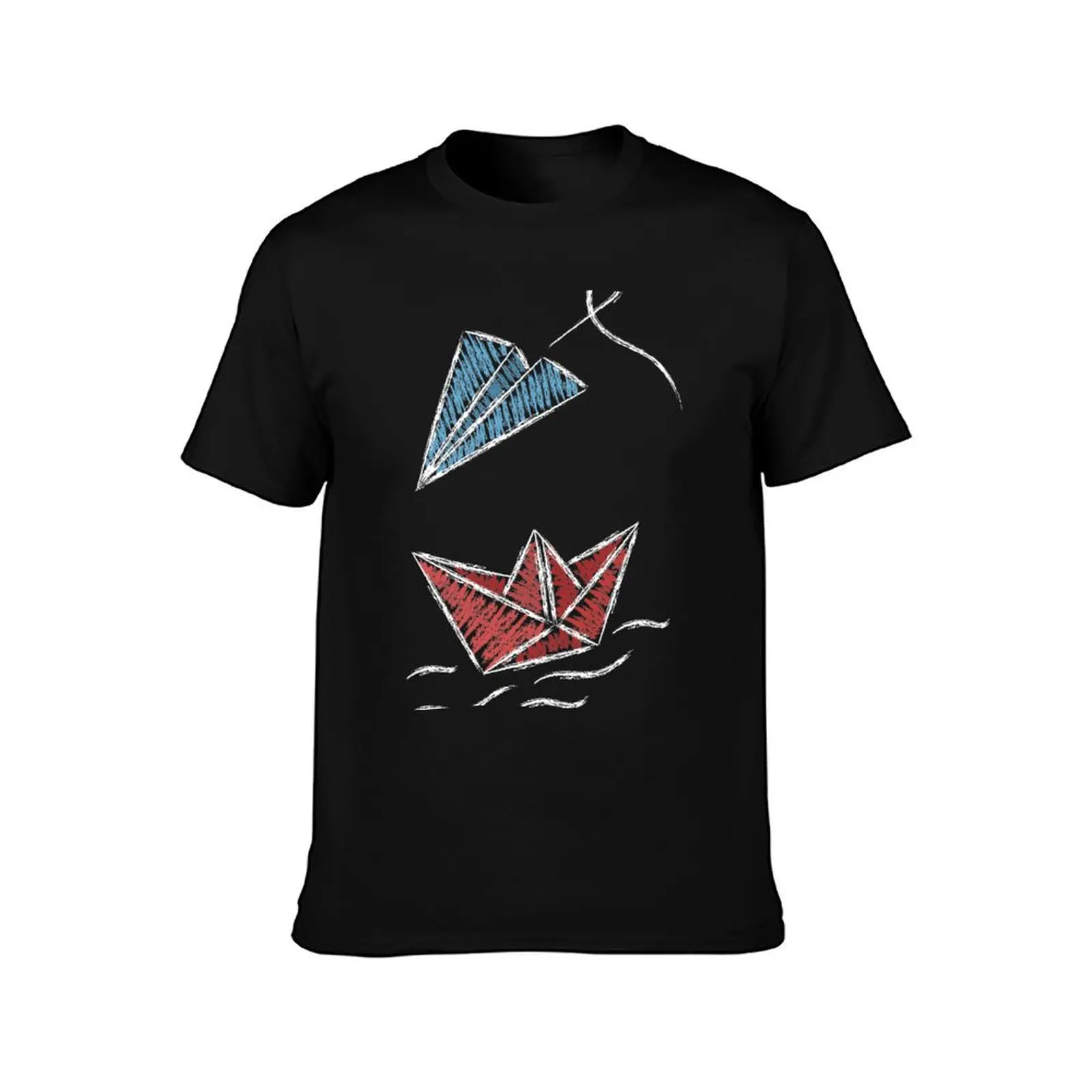 Paper boat and plane on blackboard T-Shirt Classic Crew Neck Cotton T-Shirt