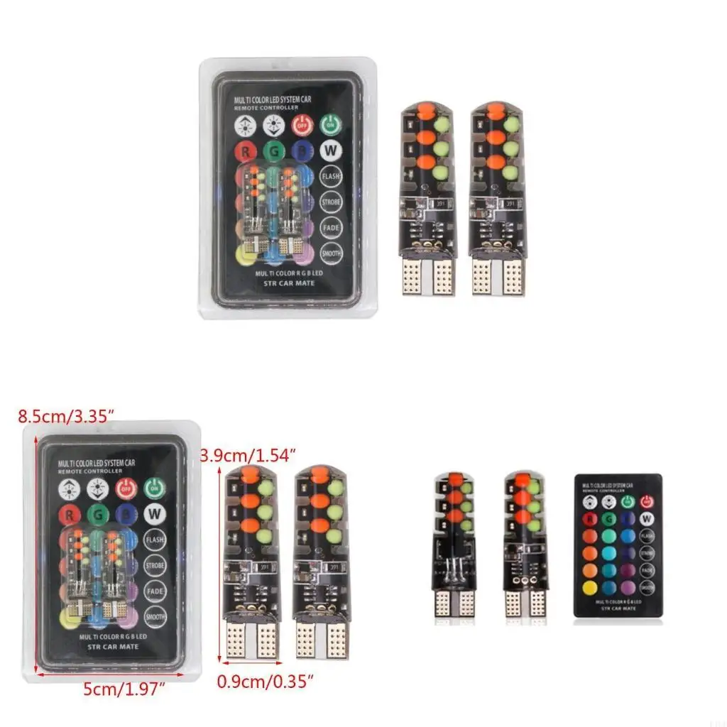 F1CF 2Pcs W5W RGB LED Bulb Car Dome Light Car Interior Reading Light Automotive Lighting Bulb With Remote Control