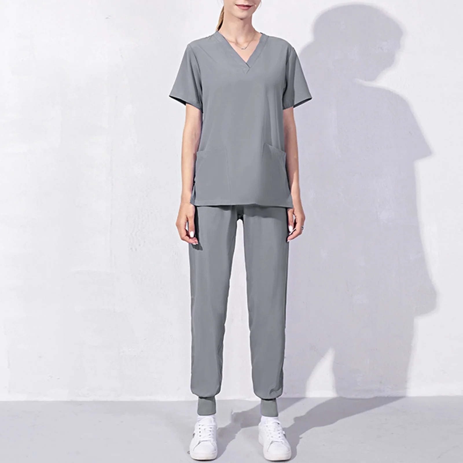 Nursing Uniforms Two Piece Unisex Shorts Scrub Sets Sleeve Pocket Top Tee Loose Pants Beauty Salon Workwear Overalls Plus Size