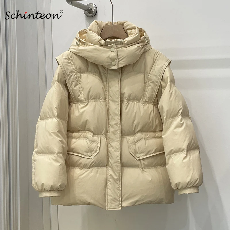 Schinteon Women White Duck Down Jacket Casual Loose Over Size Autumn Winter Outwear with Removable Hood Coat 2024 New Fashion