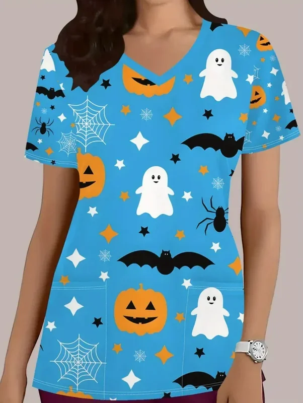 Damen-T-Shirt mit Cartoon-Motiv, Halloween-Medizin-Uniform, kurzärmelig, für Zahnärzte und Krankenschwestern, Arbeitsuniform mit Taschen, klinische Uniform. – Detail 4