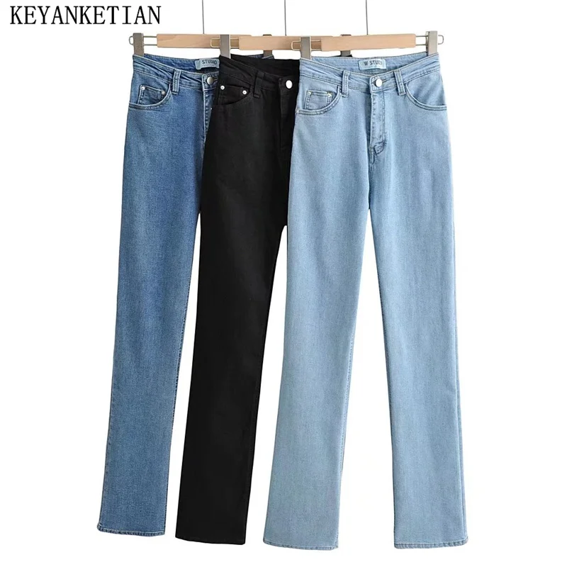 

KEYANKETIAN Autumn New Women's Denim Bell Bottoms Vintage Sexy Zippered High-Waisted Tights Female Slim Stretch Long Trousers