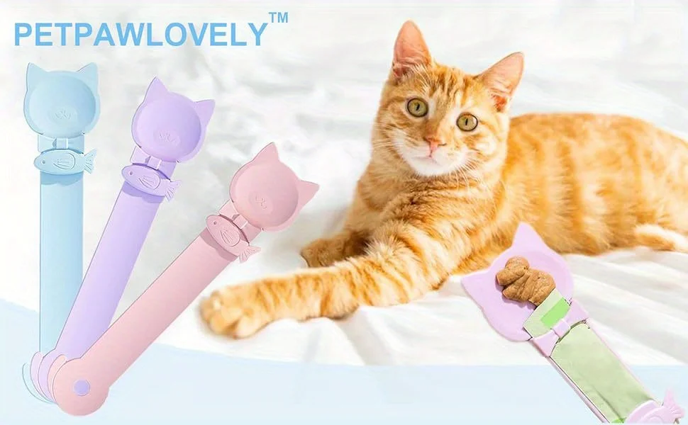 3er-Set niedliche Streifen-Squeeze-Katzenleckerlislöffel, auslaufsicherer Nassfutterspender mit langem Griff, freihändiges, saubereres Haustier-Snack-Werkzeug – Detail 1