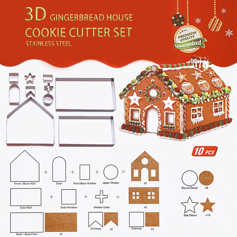 10-teiliges Edelstahl 3D Lebkuchenhaus Ausstechformen-Set Weihnachts-DIY Kekse Form Haus Fensterform Gebäck Backwerkzeuge