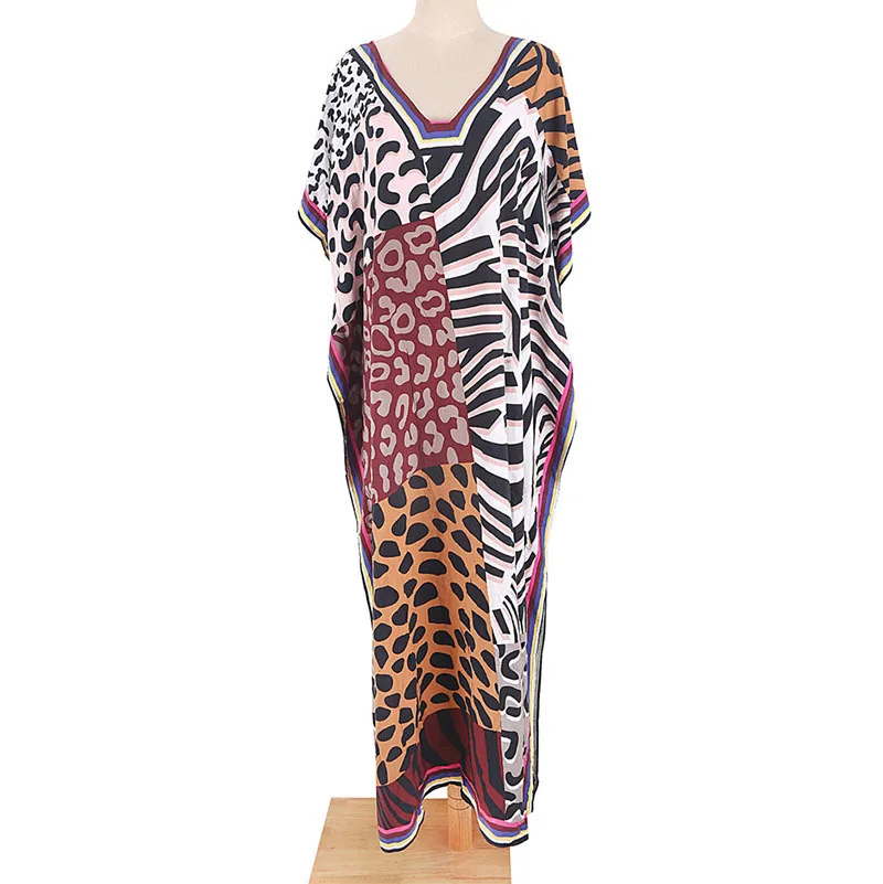 Leopard-女性用ボヘミアンビーチドレス,バットウィングスリーブのプリントキルティング衣装,ラージサイズ,カフタン,ビーチウェア,水着カバーアップ