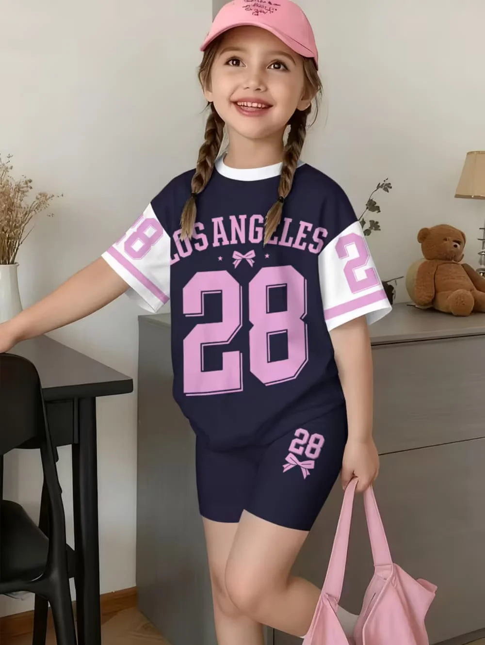 2026 Casual 2 Piece Set for Girls Los Angeles No.23 Stripe Print Tops Y2k Youth Children T-Shirt +shorts Graphic Children's Set