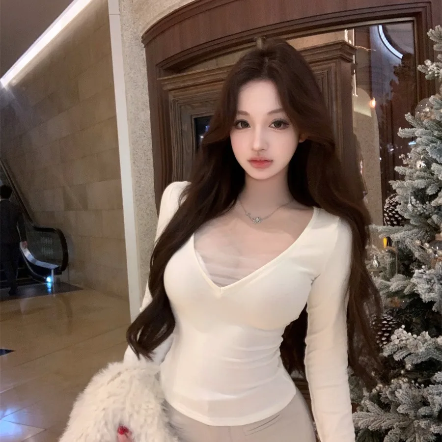 スリムVネックロングスリーブパネルウエストシェイプトップレディースファッション秋冬新作ピュアデザイアレーストリムTシャツ...