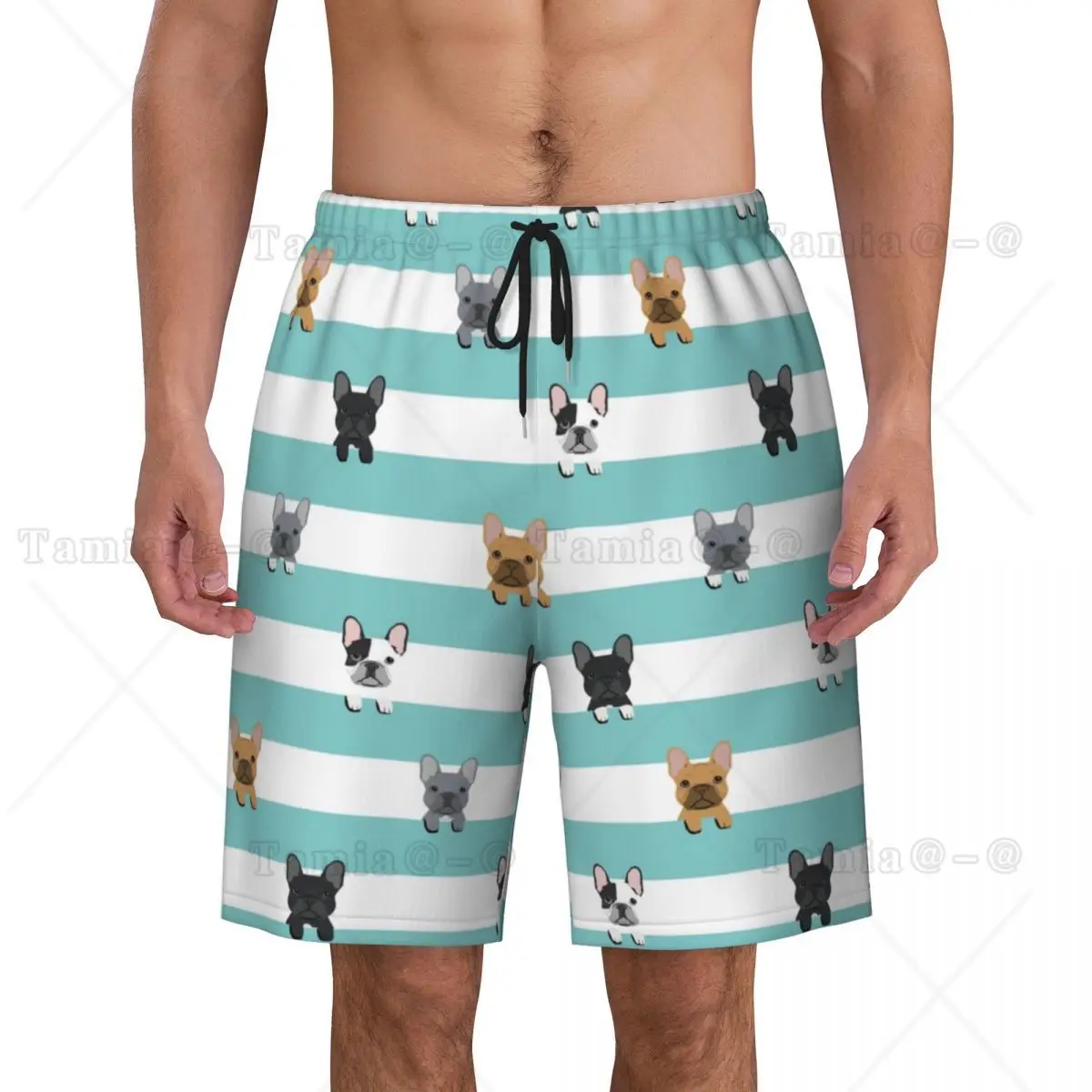 

Kawaii French Bulldog Stripes Boardshorts Mens Quick Dry Board Shorts Pet Dog Swim Trunks Custom Printed Swimwear Suits