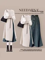 Hebe Sle Autumn Winter Knitted Sweater And Jeans Skirt Set Slimming Ele Midi Two Piece Set Women's Loose Fit Faion - Image 2