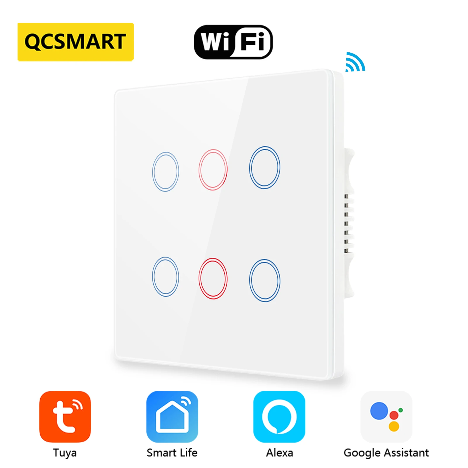 QCSMART Tuya Smart Brazil 4x4 WiFi 6 Gang Touch Light Wall Screen Switch Neutral Wire APP Control by Alexa,Google Home