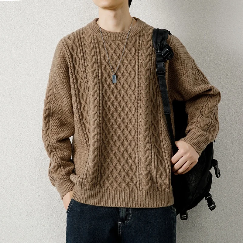 Fried Dough Twists Knitted Round Neck Sweater Men's Autumn Winter New Thick Undercoat Knitwear College Trendy Pullover Jumpers