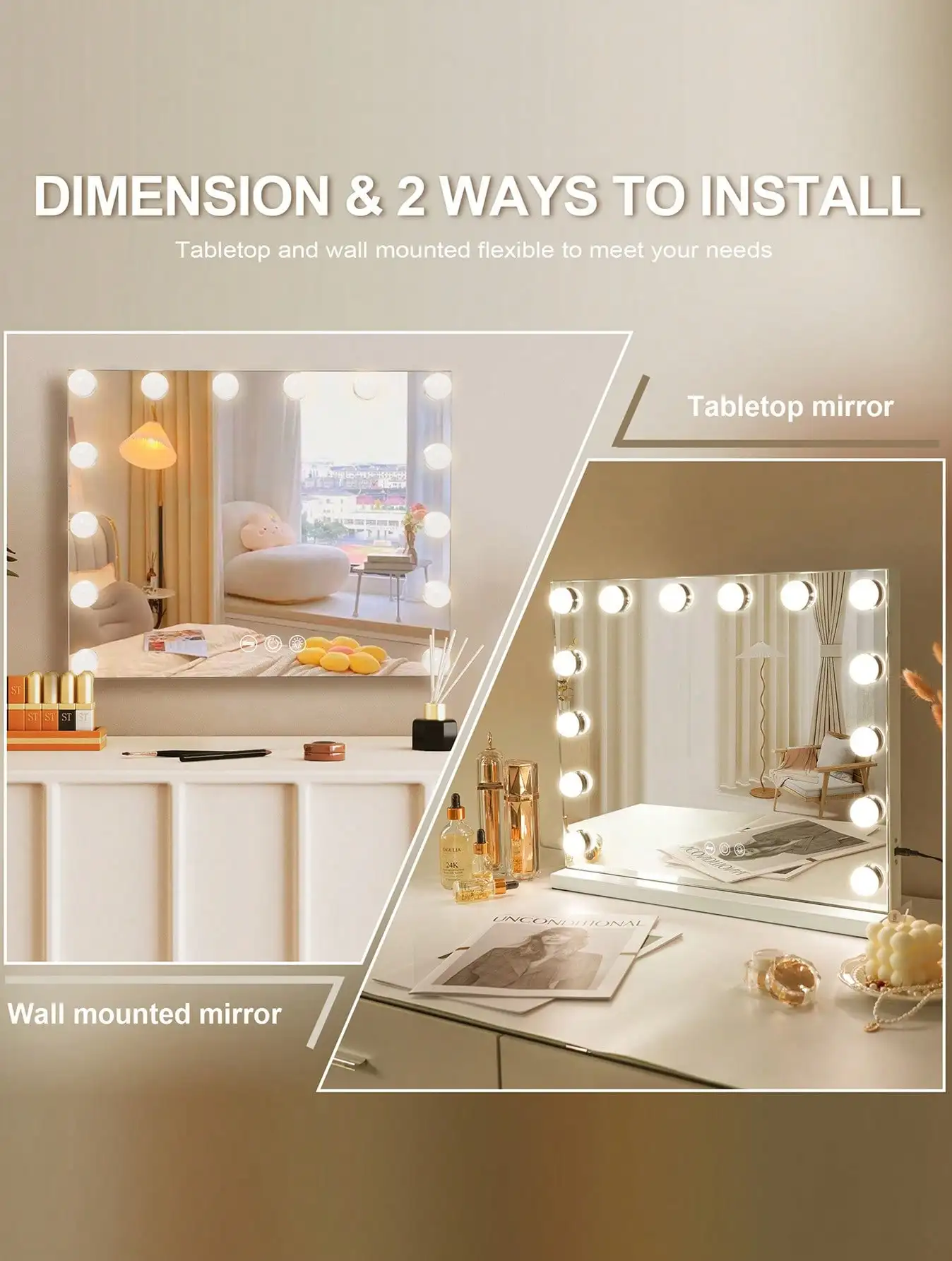 23''X18'' Large Vanity Mirror With Lights,Lighted Makeup Mirror,Hollywoo D Mirror Adjustable Three Lights 15 Bulb Desktop Mirror