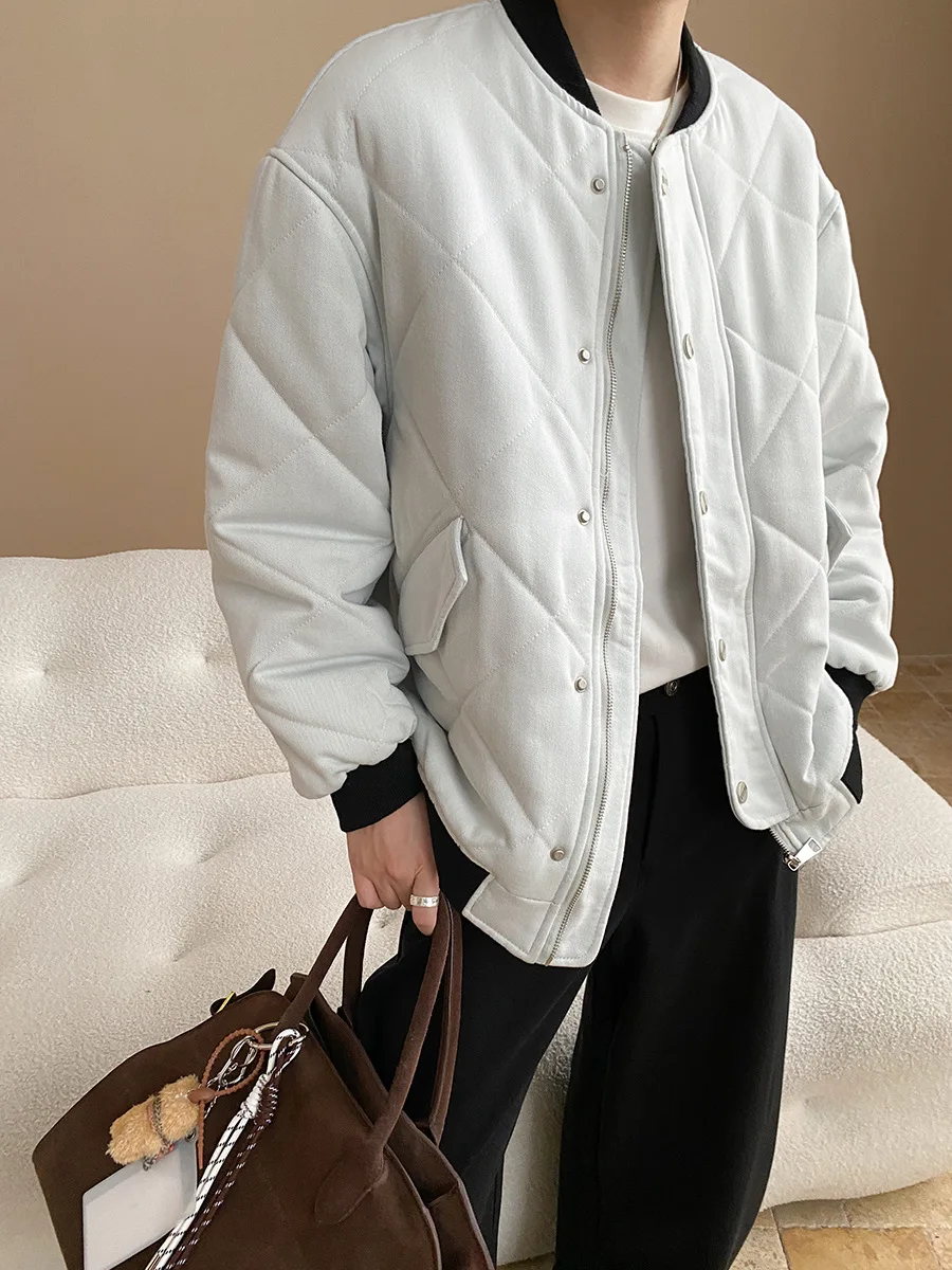 

American diamond grid stitch cotton contrasting baseball collar loose cotton jacket