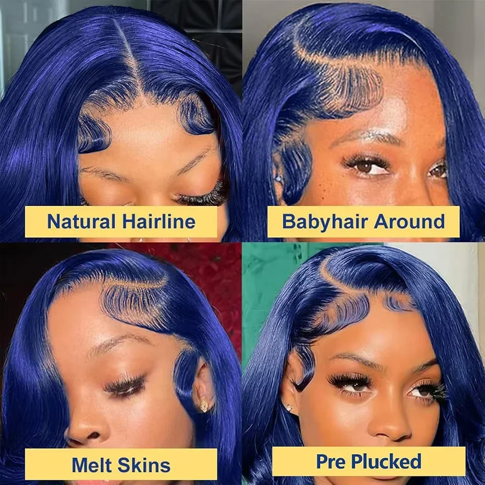 Wig Rambut Asli Transparan HD Biru Dongker 13X6 Body Wave Lace Frontal Pre Plucked Berwarna Biru Royal 13X4 Lace Front Sedang Diskon