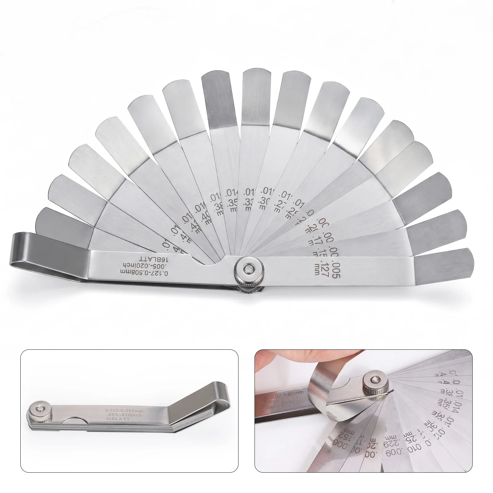 

16Blades Stainless Steel Feeler Gauge 100mm Metric 0.05- 1.0mm Valve Offset Feeler Gauge for Spark Plug Gap Valve Tappets Silver