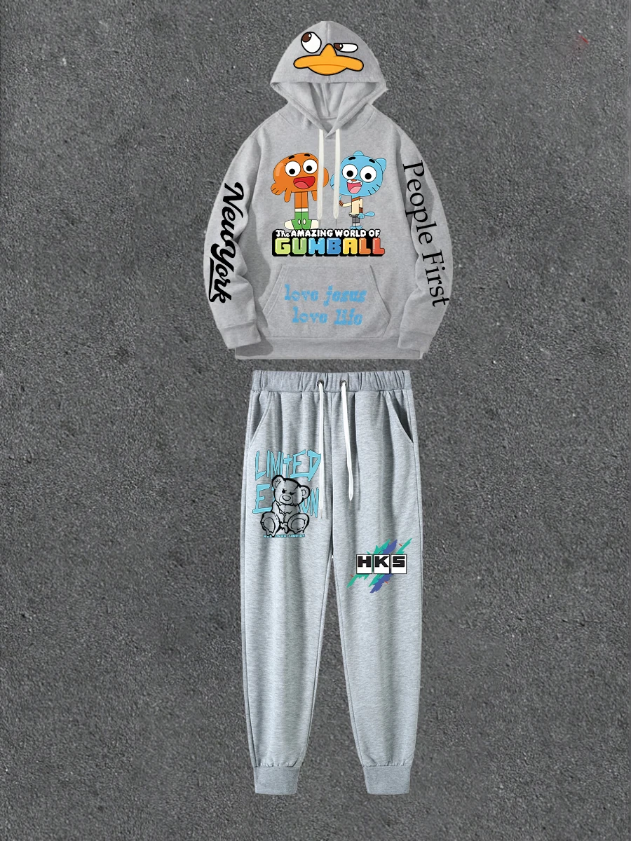 

Gray Double-sided Printed Hoodie Paired With Printed Casual Pants Loose Hoodie Street Style Outfit With Casual Pants