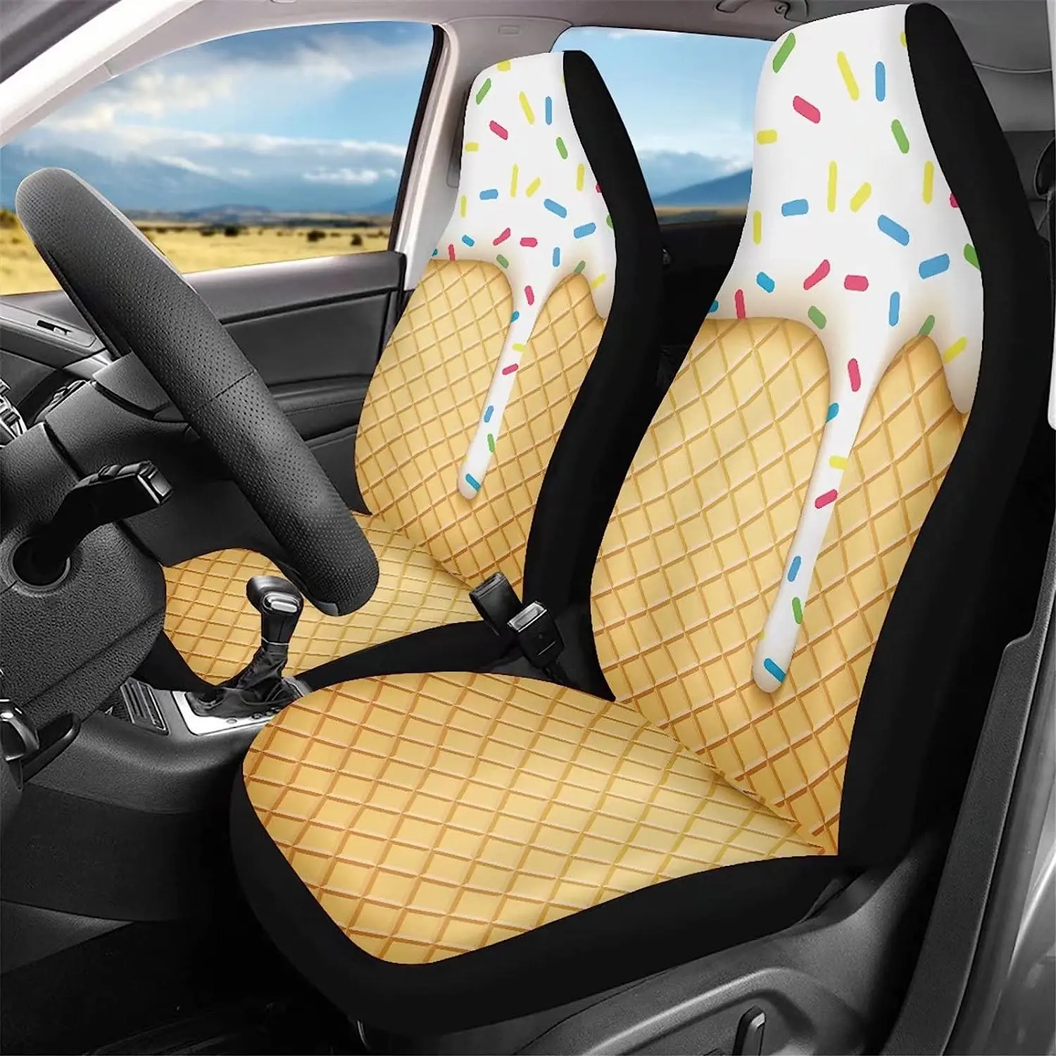 

Ice Cream Cake Pattern Non Slip Car Seat Covers Full Set of 2 Polyester Fabric Soft Bucket Seat Protector Universal Fit Car