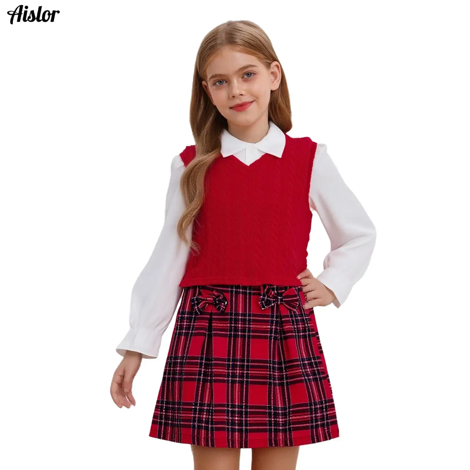 

Kids Girls School Uniform 3-Piece Outfit Long Puff Sleeves Button Down Shirt+V-neck Sleeveless Knitted Vest+Bowknot Plaid Skirt