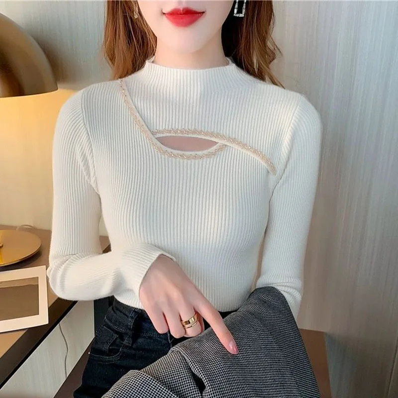 Women Clothing Fashion Elegant Long Sleeve Sweater Autumn Winter Hollow Out Half Turtleneck Pullover Lady Casual Dignified Top