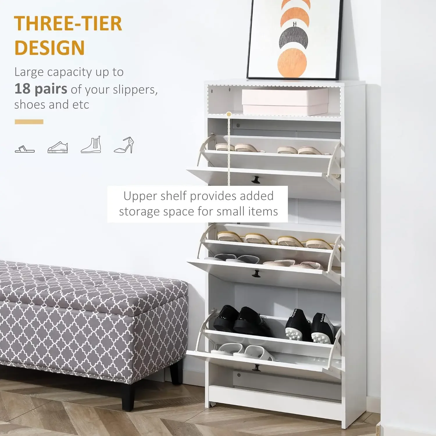 Sapato Slim Storage Cabinet, armário de sapatos na moda com 3 grandes gavetas desmontáveis e uma superfície superior espaçosa