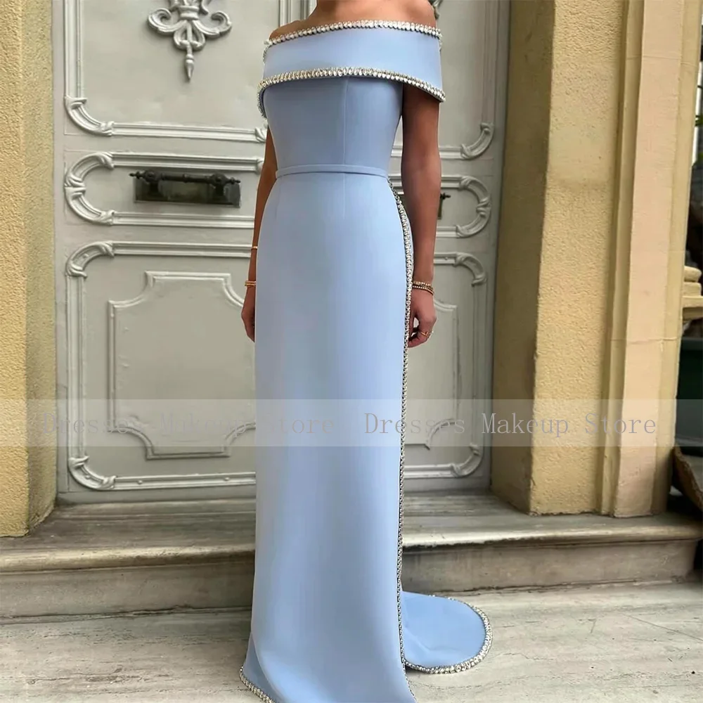 Customized Wedding Party Dresses for Women Off the Shoulder Column Formal Gowns Long Crystal Belt Side Slit Satin Prom Dress image 2