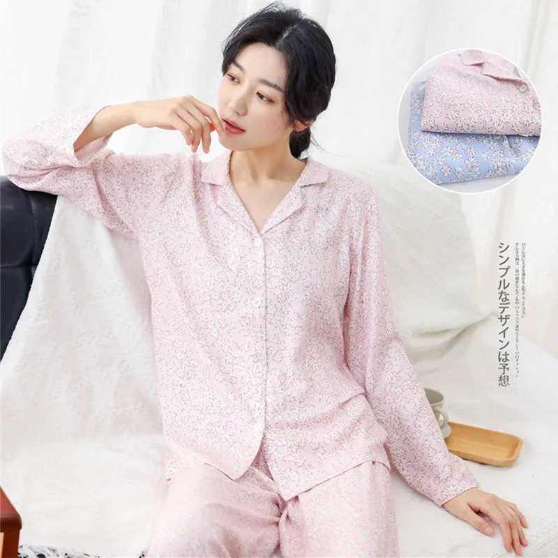 

Japanese Floral Long Sleeved Trousers Pajamas Set Spring Autumn Women's Cotton Home Clothes Loose Casual Female Sleep Suit