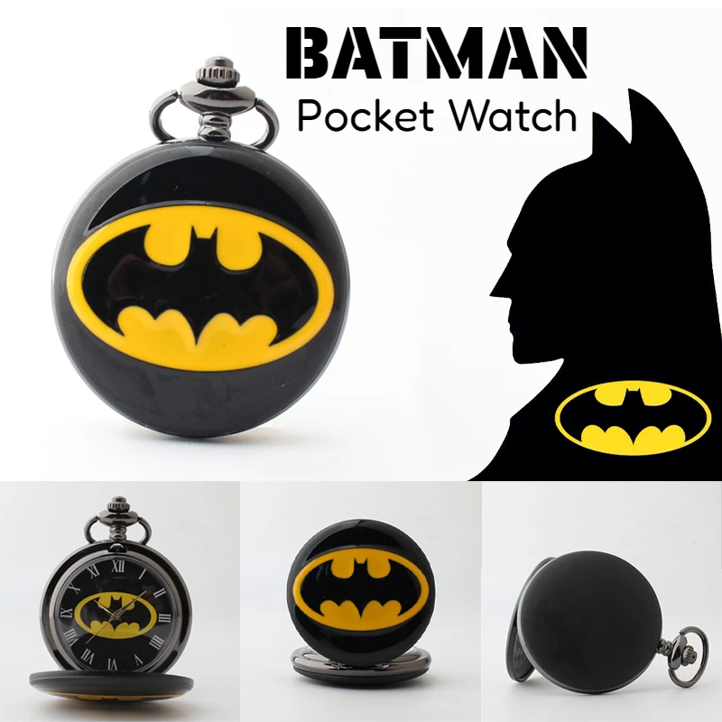 Batman Bat Logo Metal reloj de bolsillo de cuarzo hombres mujeres Cosplay collar Vintage números romanos relojes moda adulto reloj juguete para regalo