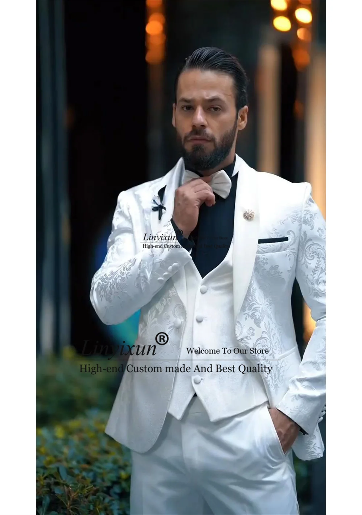 

White Jacquard Men Suits Shawl Lapel Groom Wedding Tuxedos 3 Pieces Sets Male Prom Blazers Slim Fit Terno Masculinos Completo