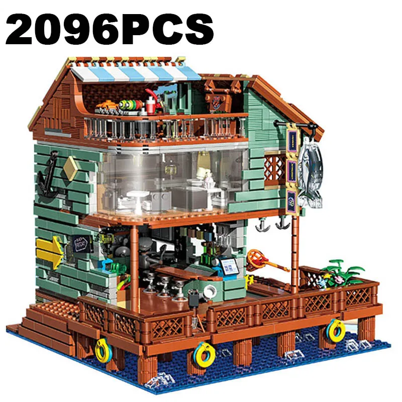 

Harbour Restaurant Fisherman's Cabin Architecture Building Blocks Street View Wharf With Light Micro Brick Toys For Kids Gift