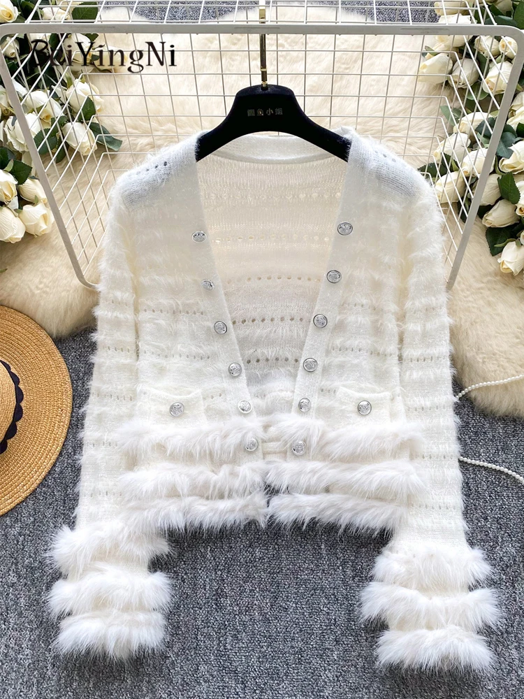 

Beiyingni New Fashion Women Coats Heavy Industry V-neck Knitted Sweater Autumn Winter Outwear Casual Chic White Khaki Cardigan