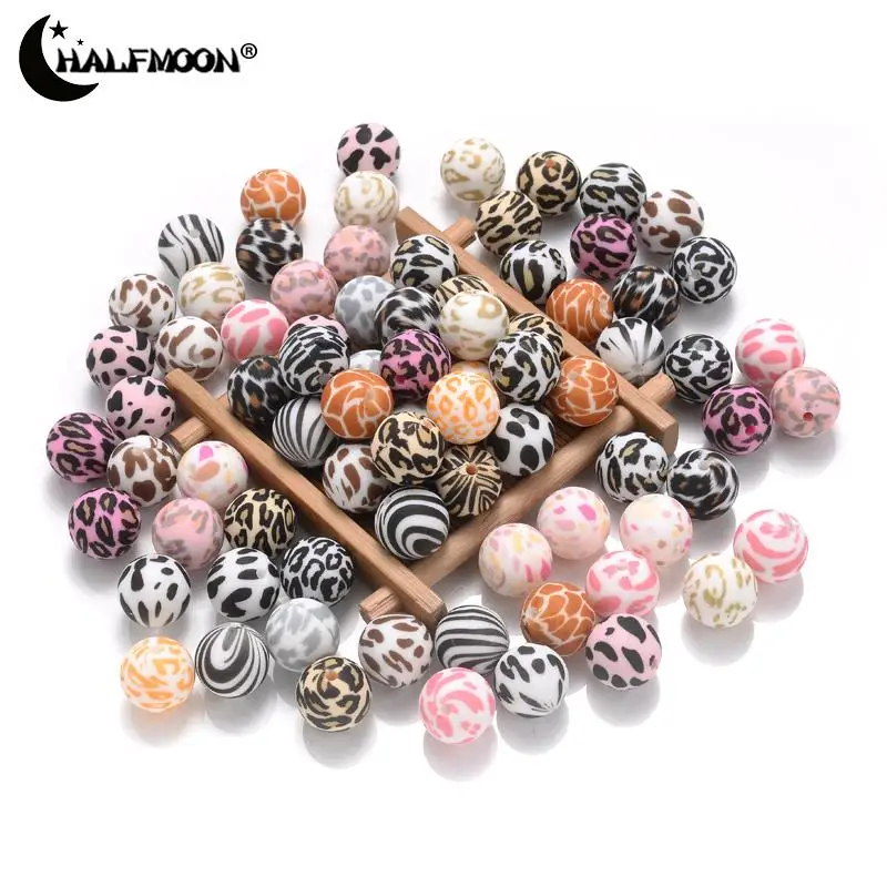 15mm 10Pcs Leopard Print Silicone Beads Loose Spaced Round Teether Beads For Baby Pacifier Chain Accessory DIY Jewelry Making