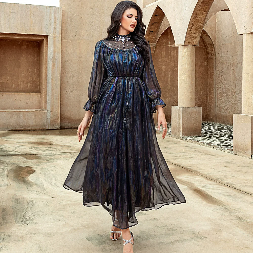 

New Middle East Women's Fashion Muslim Robe Abaya Robe Colorful Dyeing Dress Crystal Yarn Islamic Clothing Prayer Dress