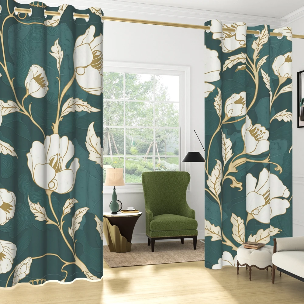 Luxury Botanical Floral Blackout Curtains, Dark Green Gold Print Grommet Drapes Thermal Insulated for for Living Room Bedroom