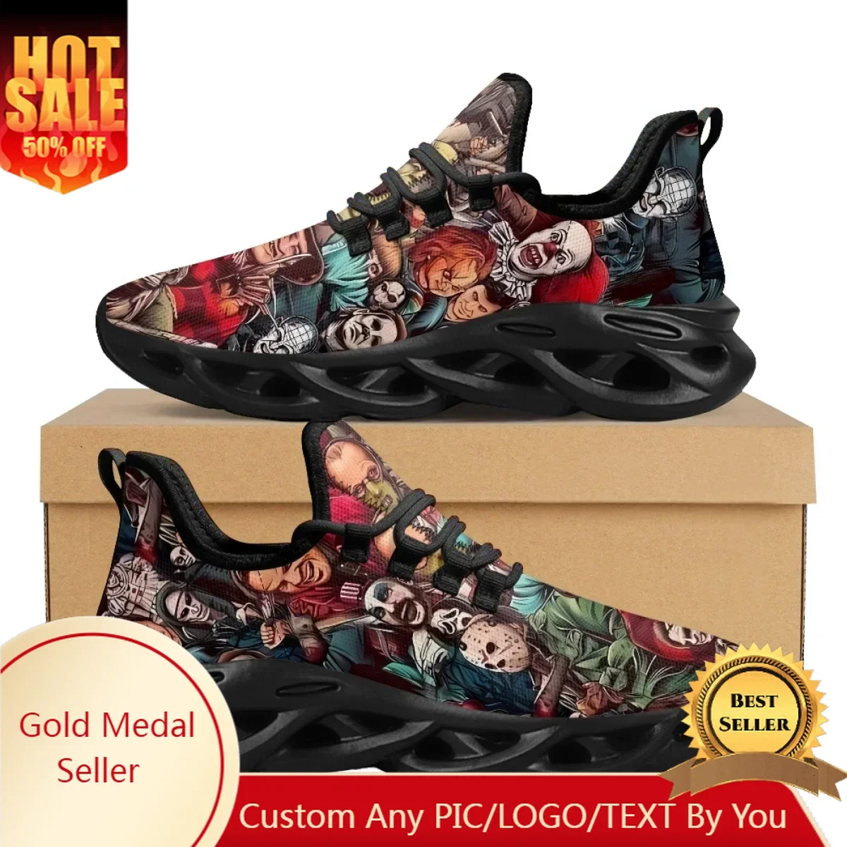 

Horror Movie Killer Character Sneakers for Women Men Jason/Michael Myers/Chucky Air Cushion Tennis Shoes Halloween Gift Custom