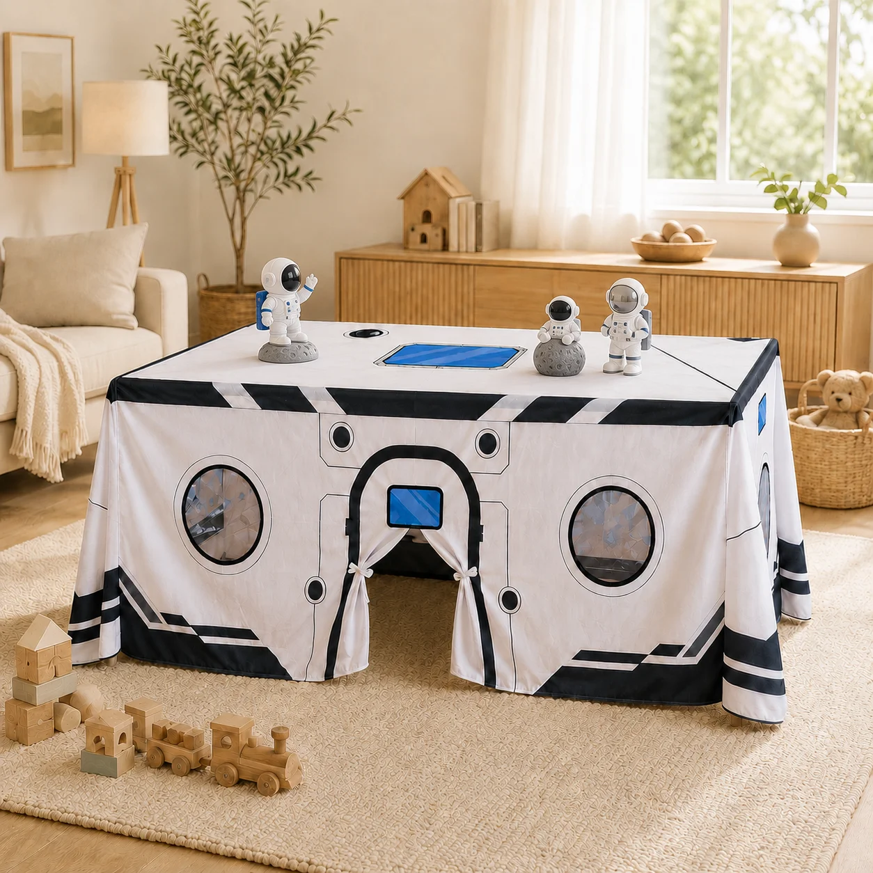 10ft x 7.5ft Tablecloth Playhouse for Kids, Play Tent Spaceship Table Tent, Dining Room Birthday Indoor Outdoor Party Playground